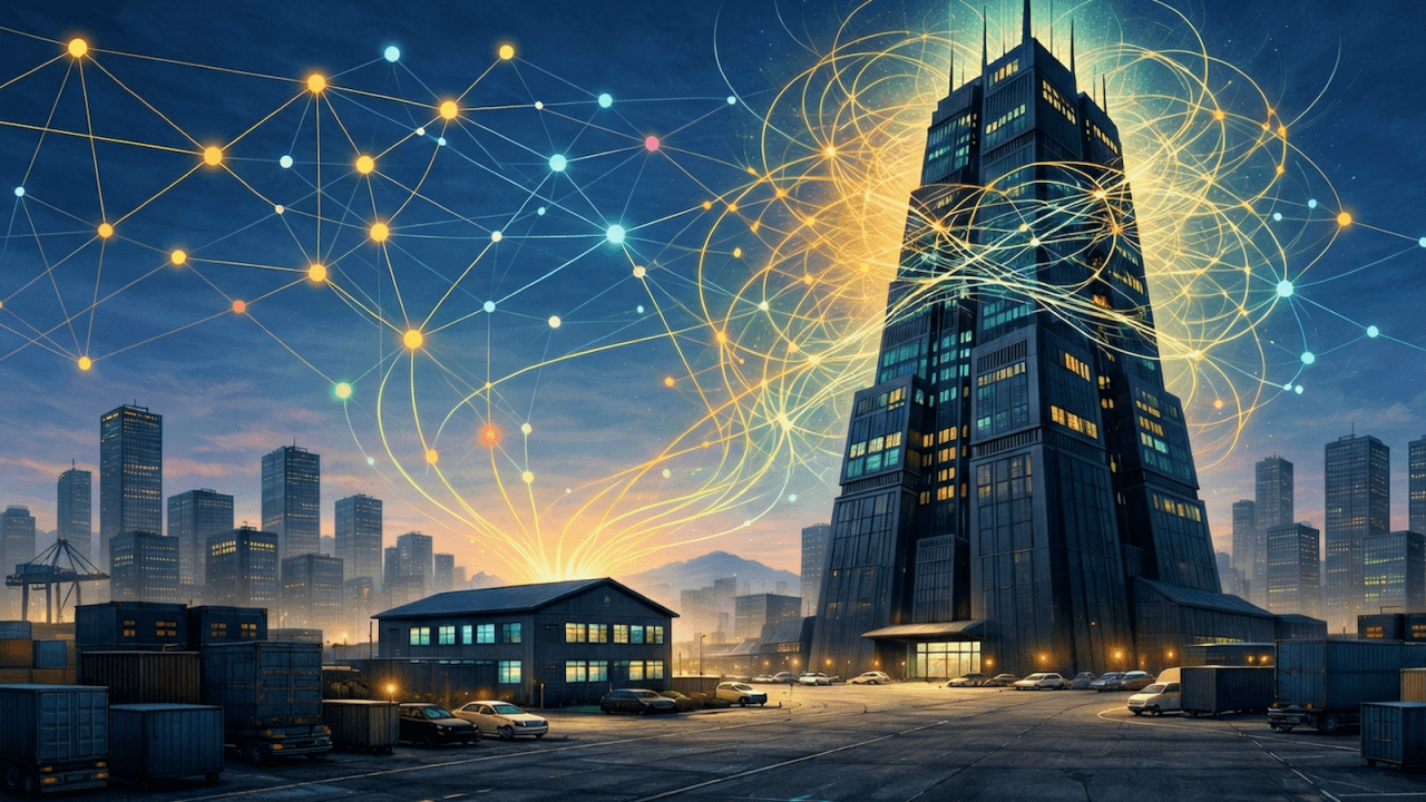 Illustration contrasting a large enterprise building with smaller businesses connected by data network patterns, representing the accessibility of process mining