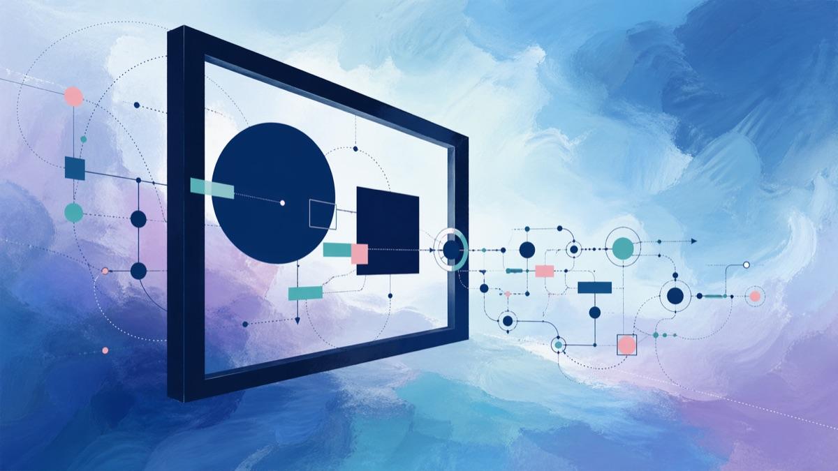 Illustration contrasting a large enterprise building with smaller businesses connected by data network patterns, representing the accessibility of process mining