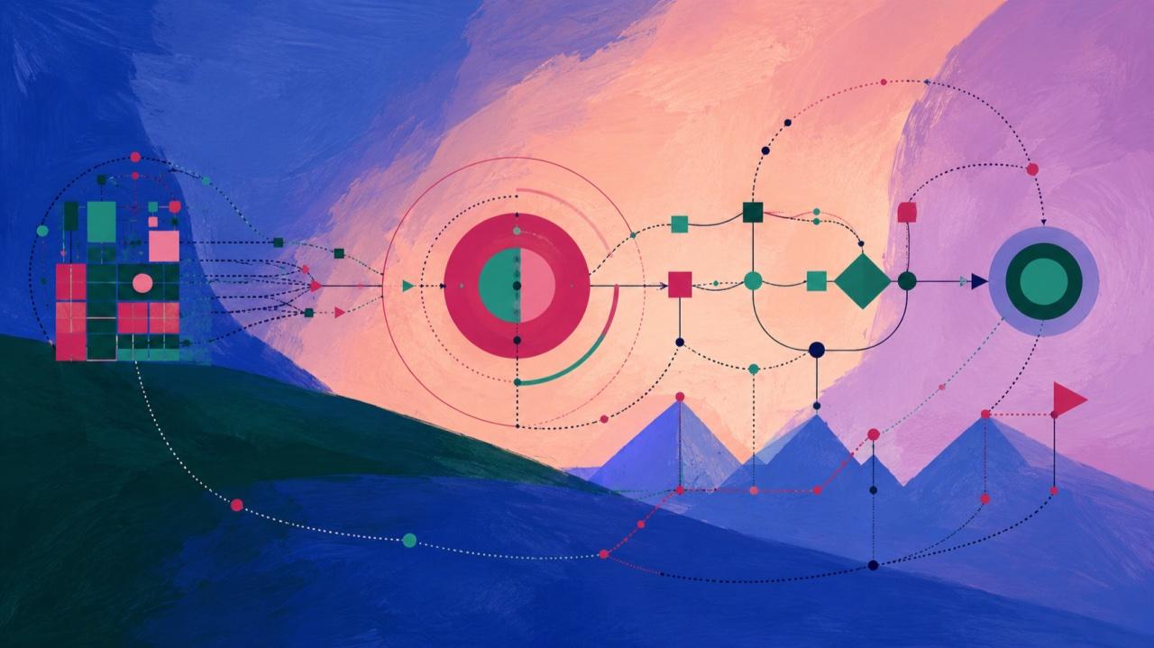Abstract illustration of data tables flowing into a process map of activities, decisions and alternative paths across a landscape