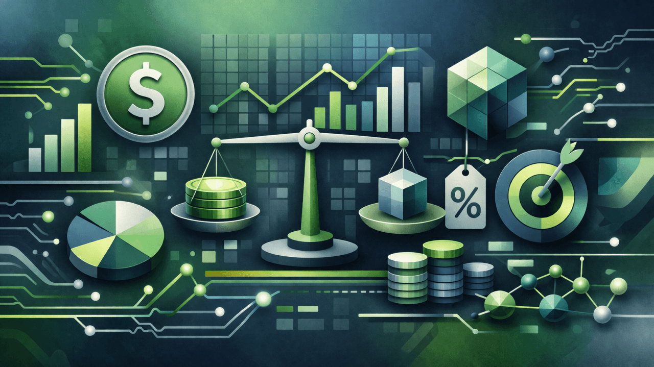 Abstract illustration of financial scales, charts and pricing symbols representing the cost analysis of process mining tools